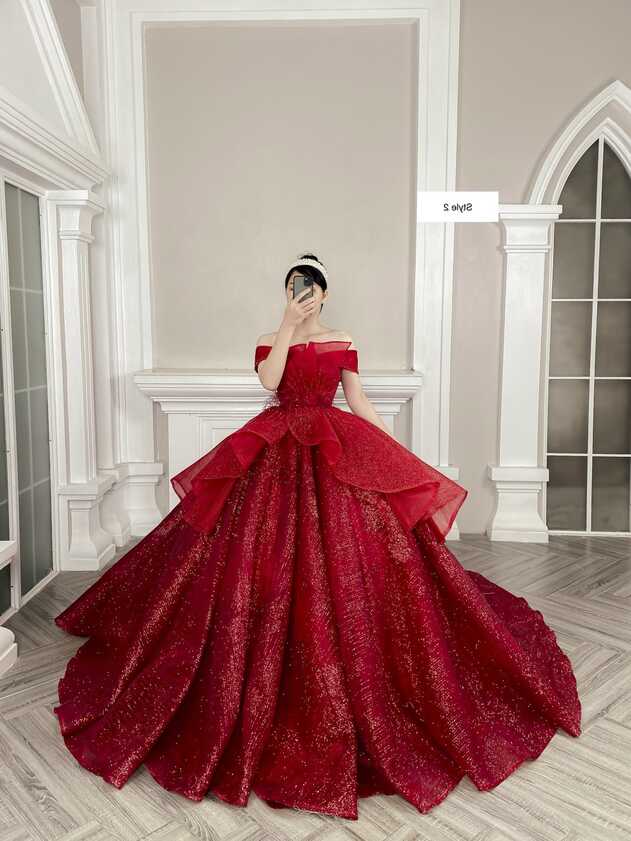 Flame Red Princess Sparkle Ball Gown Wedding Dress With Tiered ...