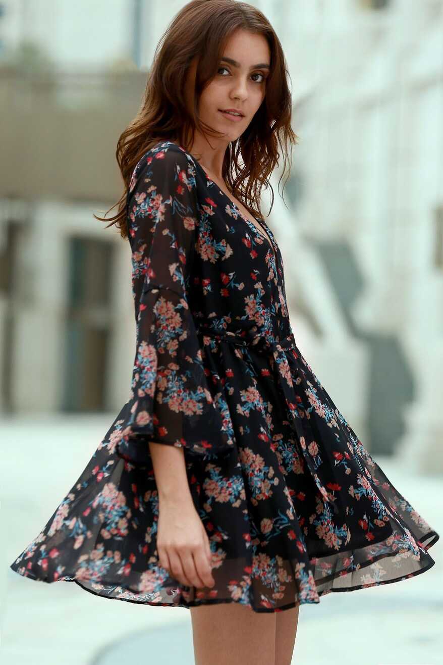 Flare Sleeve Floral Chiffon Dress