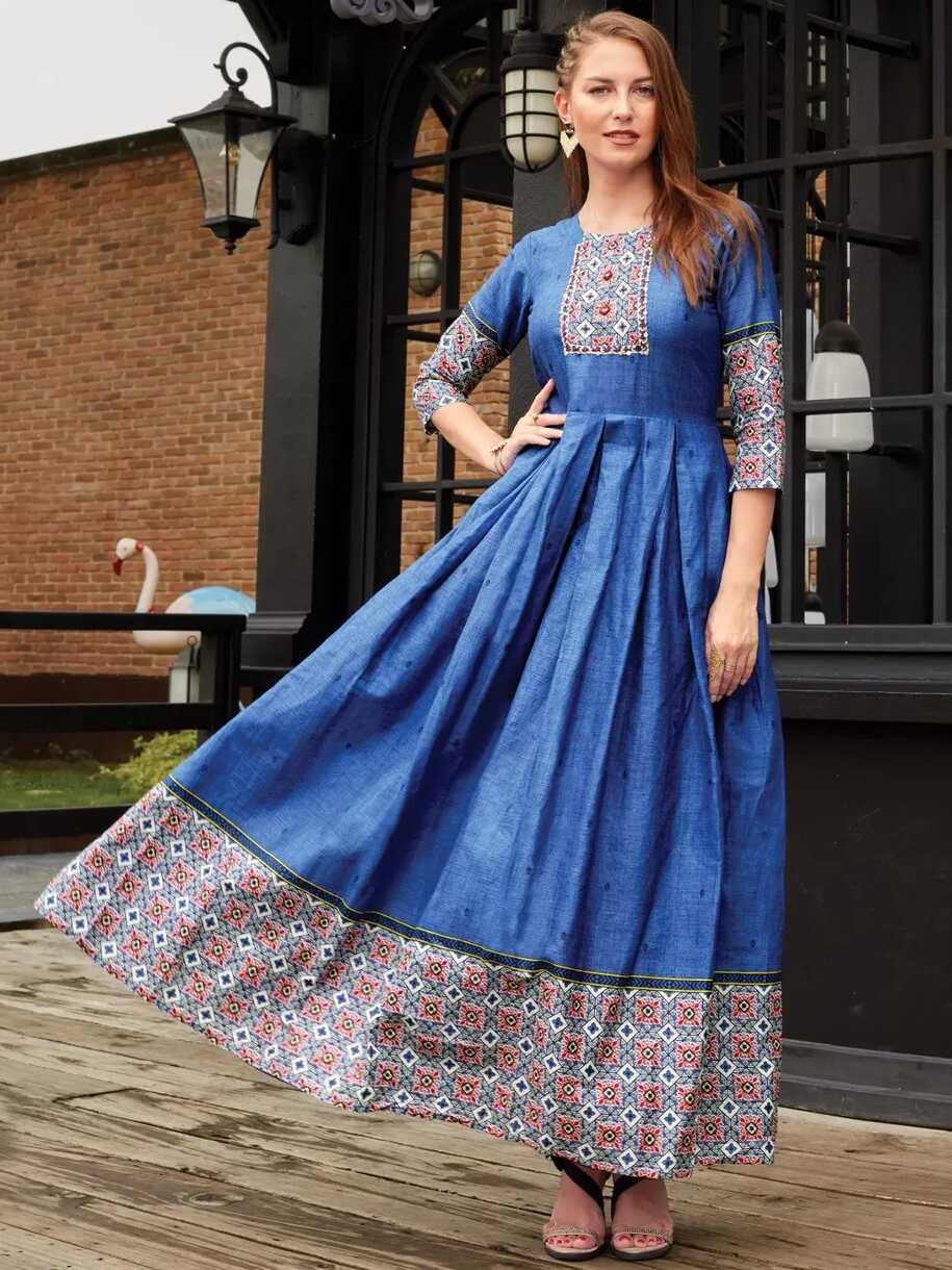 Flared Blue Printed Cotton Long Kurti | ARADHNA-7010 | Cilory.com