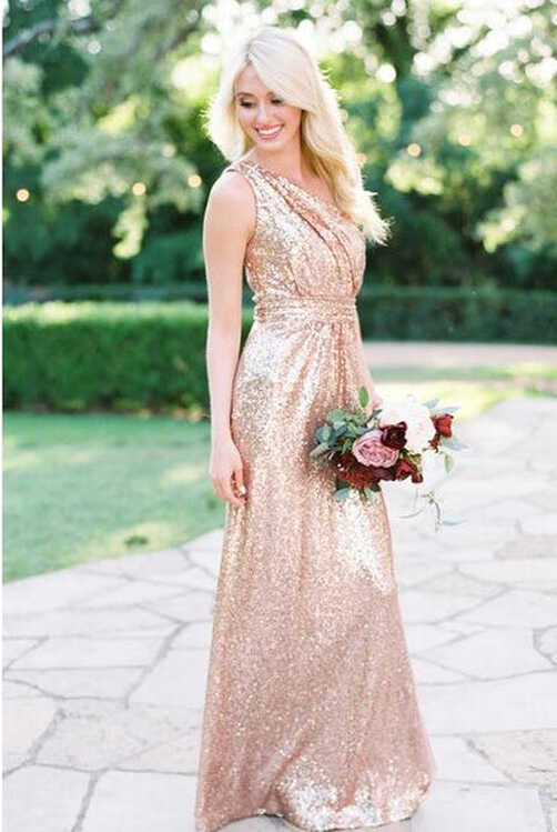 Floor Length Rose Gold Sequin Wedding Guest Dress One Shoulder ...