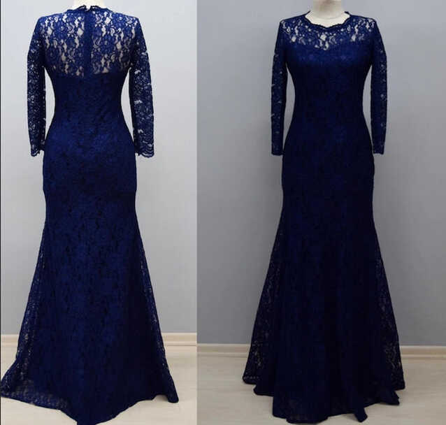 Floor Length Sheath Navy Blue Lace Long Sleeves Bridesmaid Dress ...