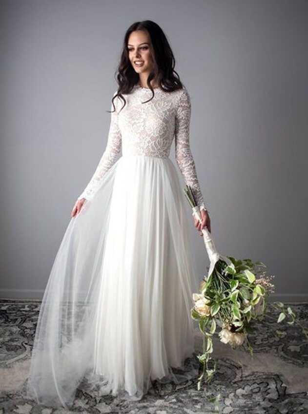 Floor Length Wedding Dress,Modest Wedding Dress with Long Sleeves ...