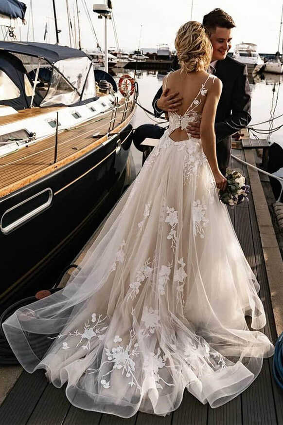 Floral Applique Beach Wedding Dresses Backless Boho Wedding Gown ...