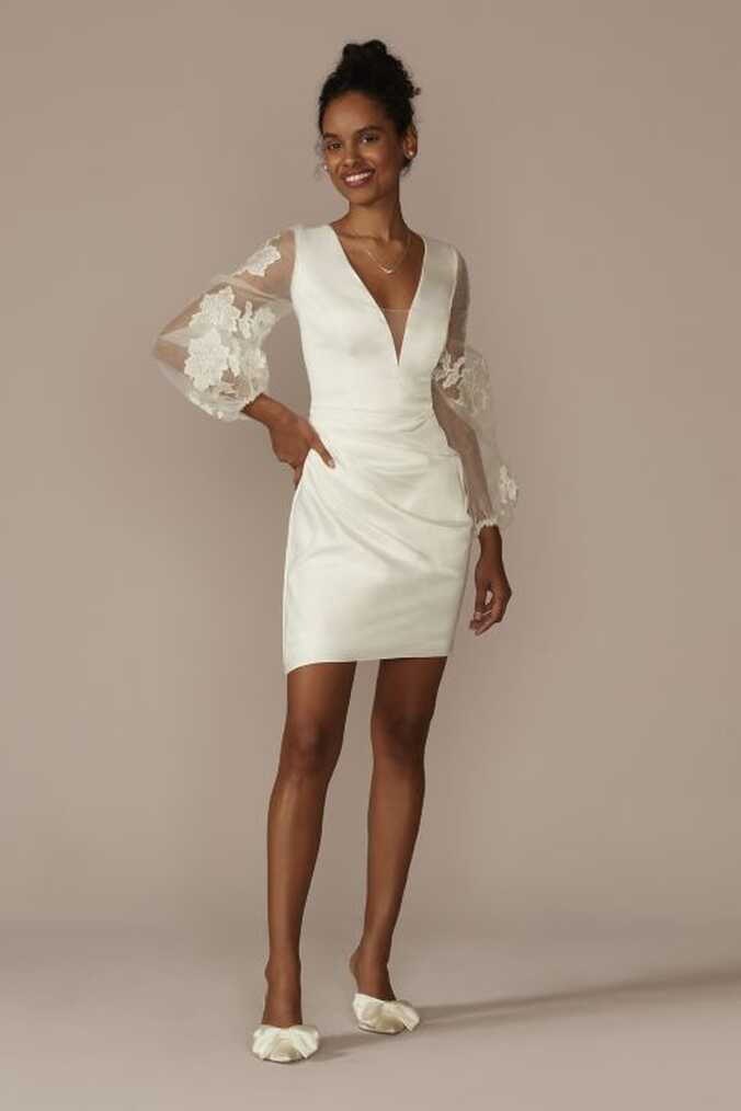 Floral Applique Long Sleeve Satin Plus Mini Dress | David&#39;s Bridal