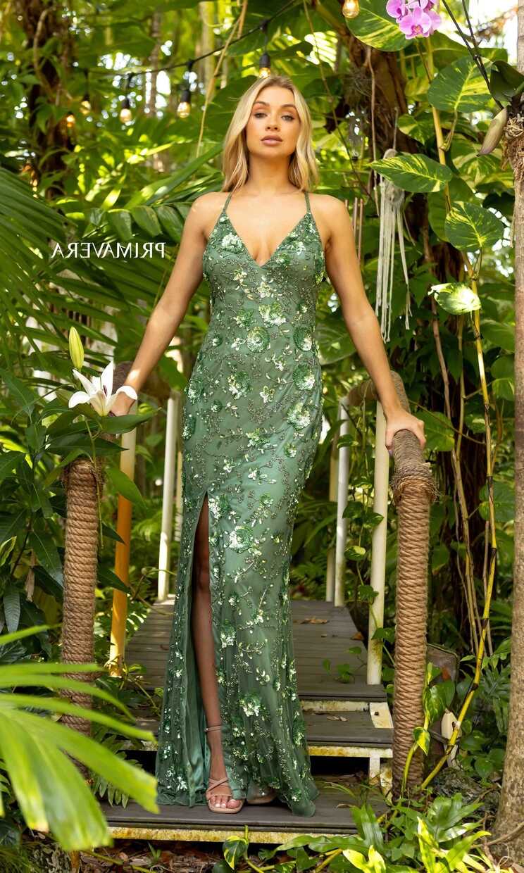 Floral-Beaded Long Formal Dress with Strappy Back