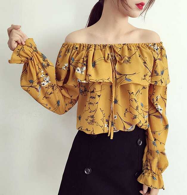 Floral Chiffon Blouse Slash Neck Long Sleeve Loose Ladies Top at ...