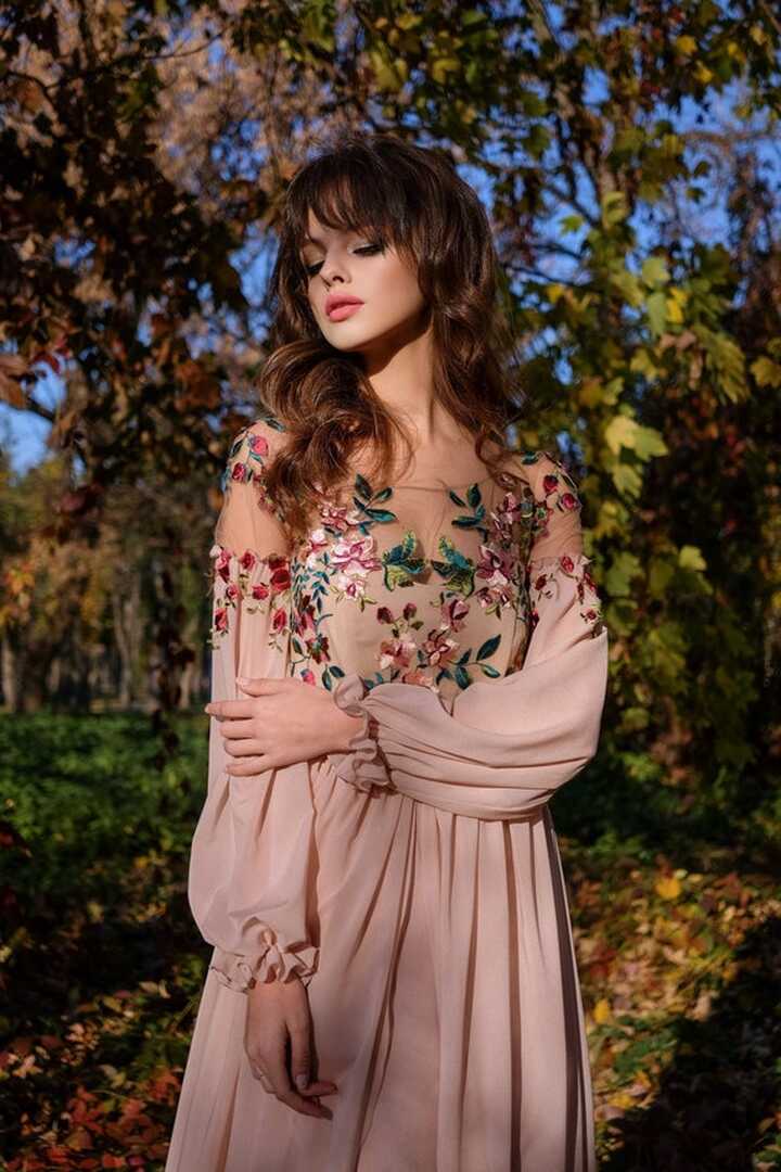 Floral Chiffon Long Sleeves Prom Dress. Custom Blush Elven Wedding ...