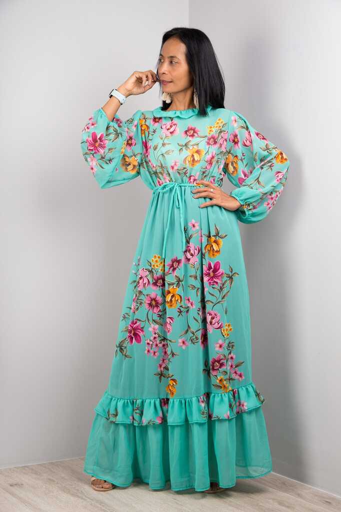 Floral Chiffon Maxi Dress Long Sleeves Modest Gown Dress With ...