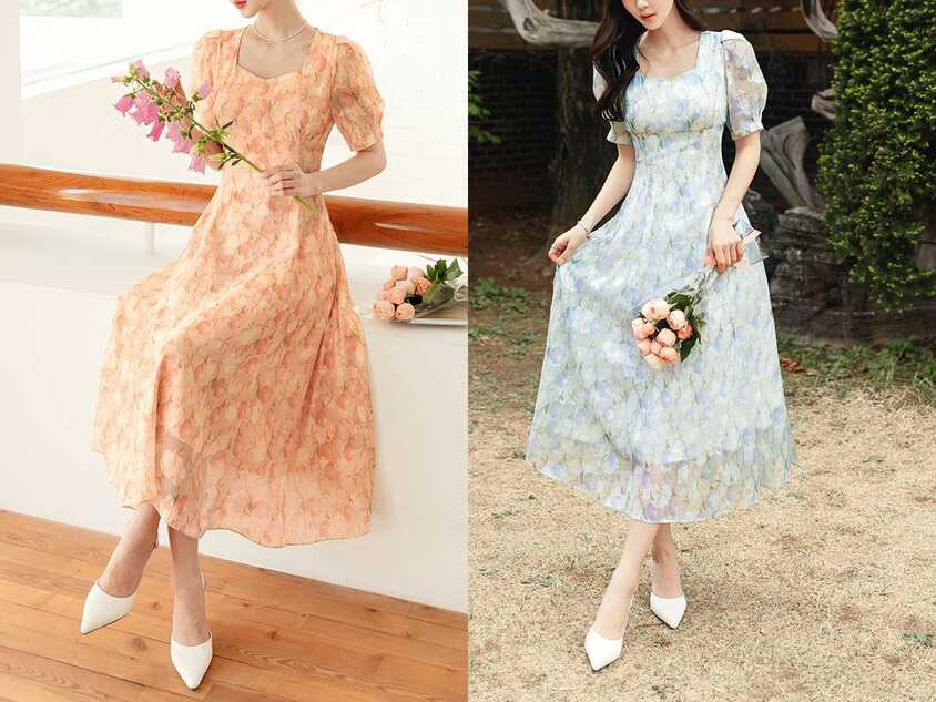 Floral Chiffon Midi Long Dress / Korean Style Short Sleeve Women ...