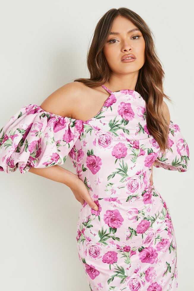 Floral Cold Shoulder Puff Sleeve Midi Dress | boohoo