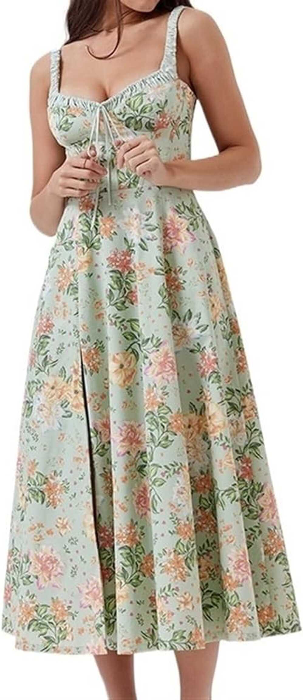 Floral Corset Dress, Women Floral Print Maxi Dress Low-Cut ...