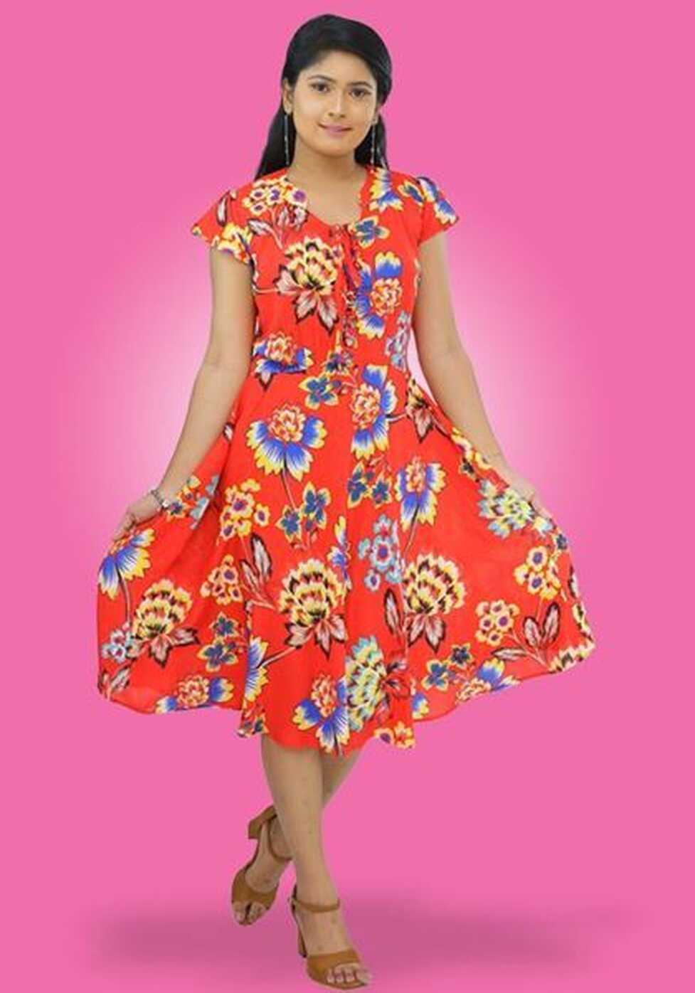 Floral Designed Flared Short Dress with Short Bell Sleeves-SunMart ...