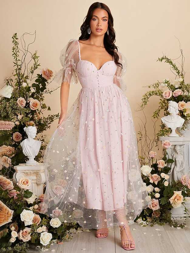 Floral Embroidery Mesh Puff Sleeve Bustier Formal Dress | SHEIN