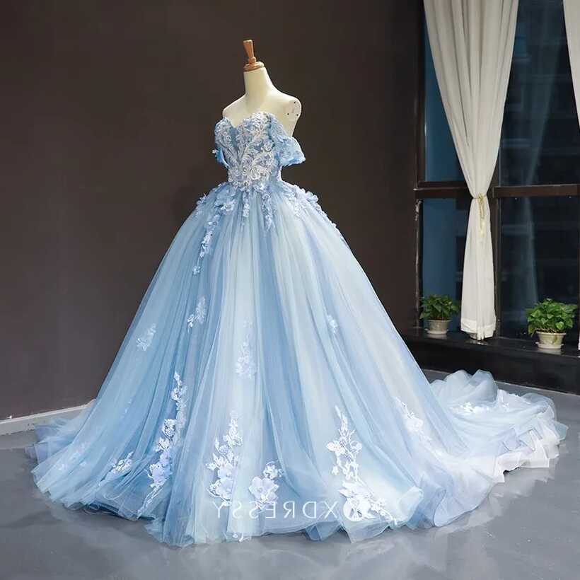 Floral Lace Appliqued Ice Blue Princess Ball Gown Dress - Xdressy