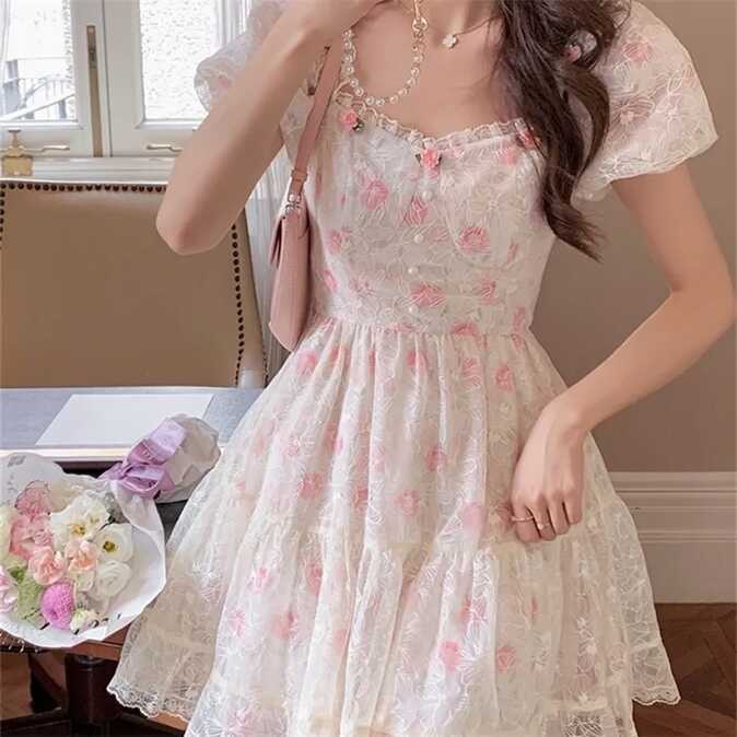 Floral Lace Korean Sweet Dress Women France Vintage Elegant Party ...