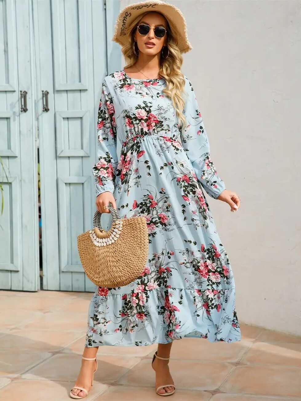 Floral Long Sleeve Maxi Dress Long Sleeve Loose Crew Neck - Temu