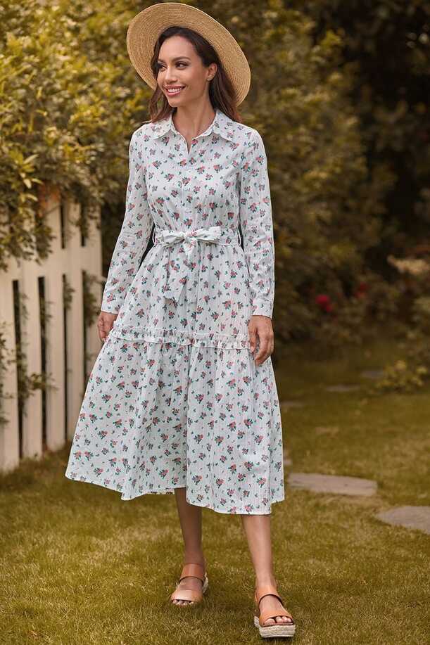 Floral Long Sleeves Classic Collar Cotton Spring Summer Midi Dress