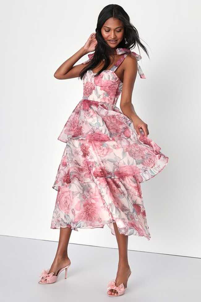 Floral Midi Dress - Tiered Midi Dress - Tie-Strap Midi Dress - Lulus