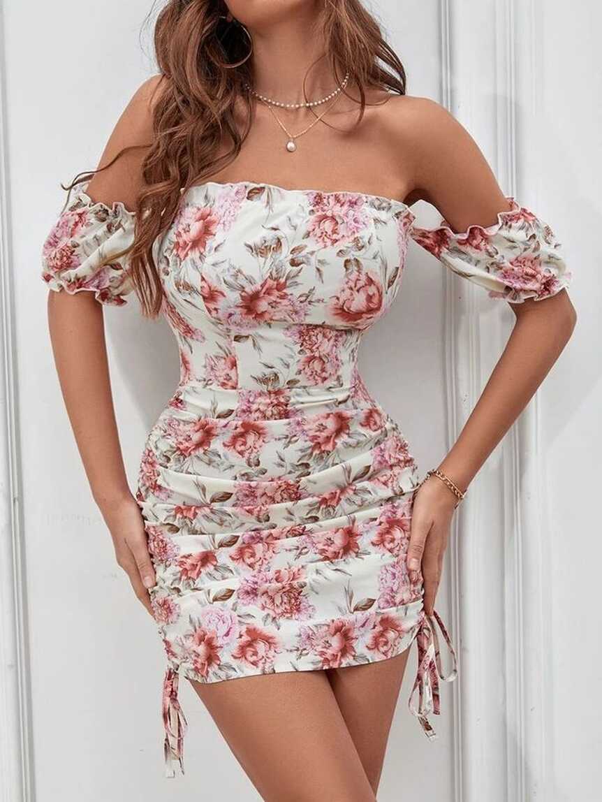 Floral Off The Shoulder Drawstring Side Bodycon Dress