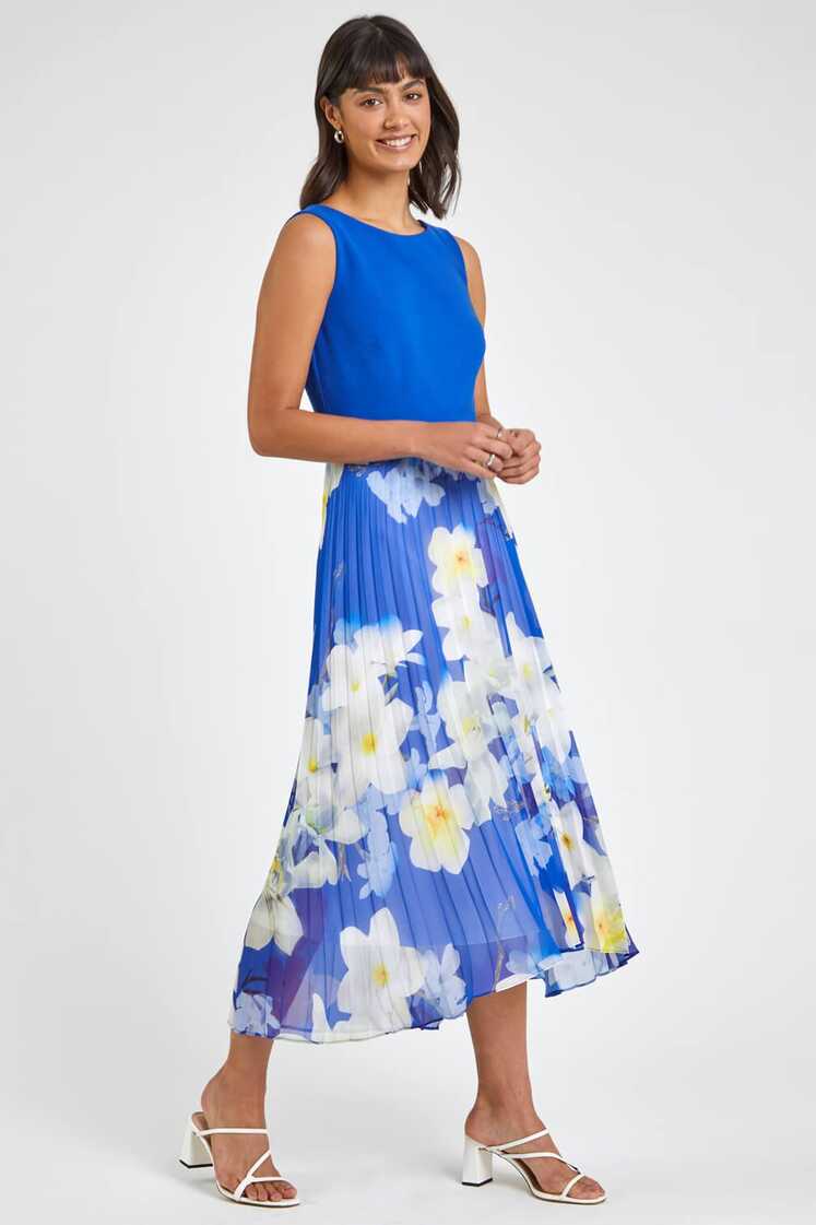 Floral Print Fit &amp; Flare Dress in Royal Blue - Roman Originals UK