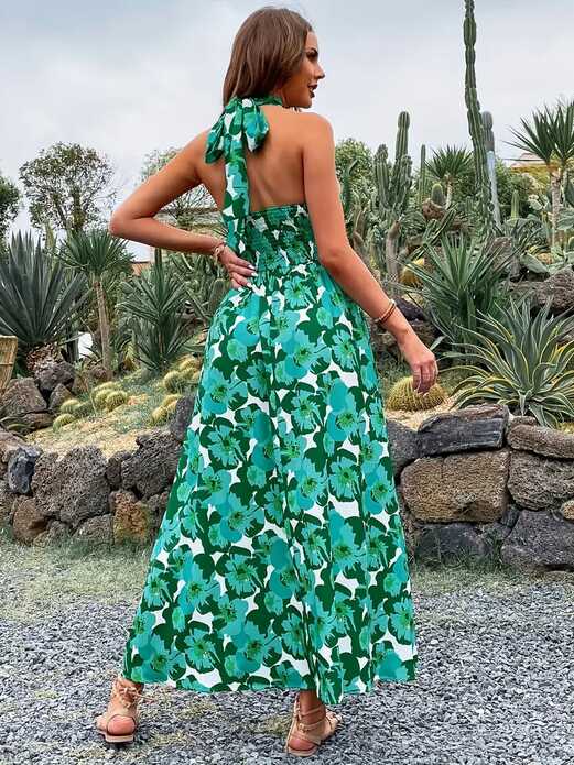 Floral Print Halter Maxi Dress Beach Vacation Casual Dress - Temu