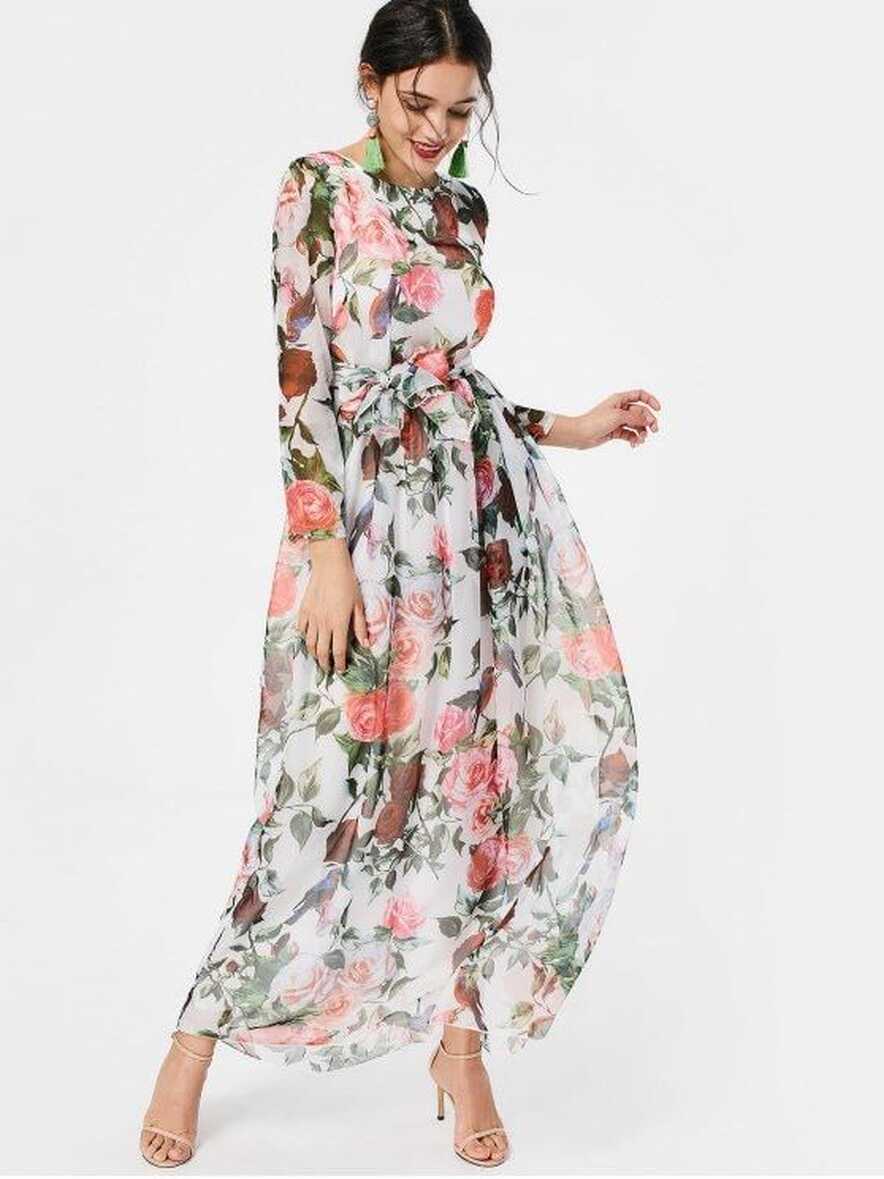 Floral Print Long Sleeve Belted Maxi Dress PINK WHITE BLACK