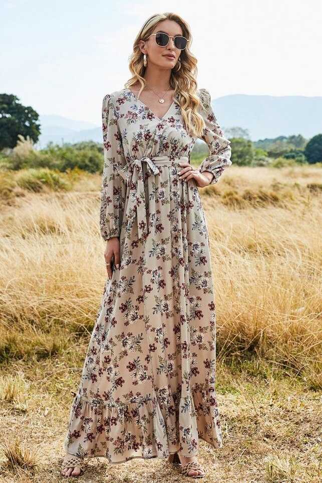 Floral Print Long Sleeve V Neck Adjustable Straps Split Maxi Dress ...