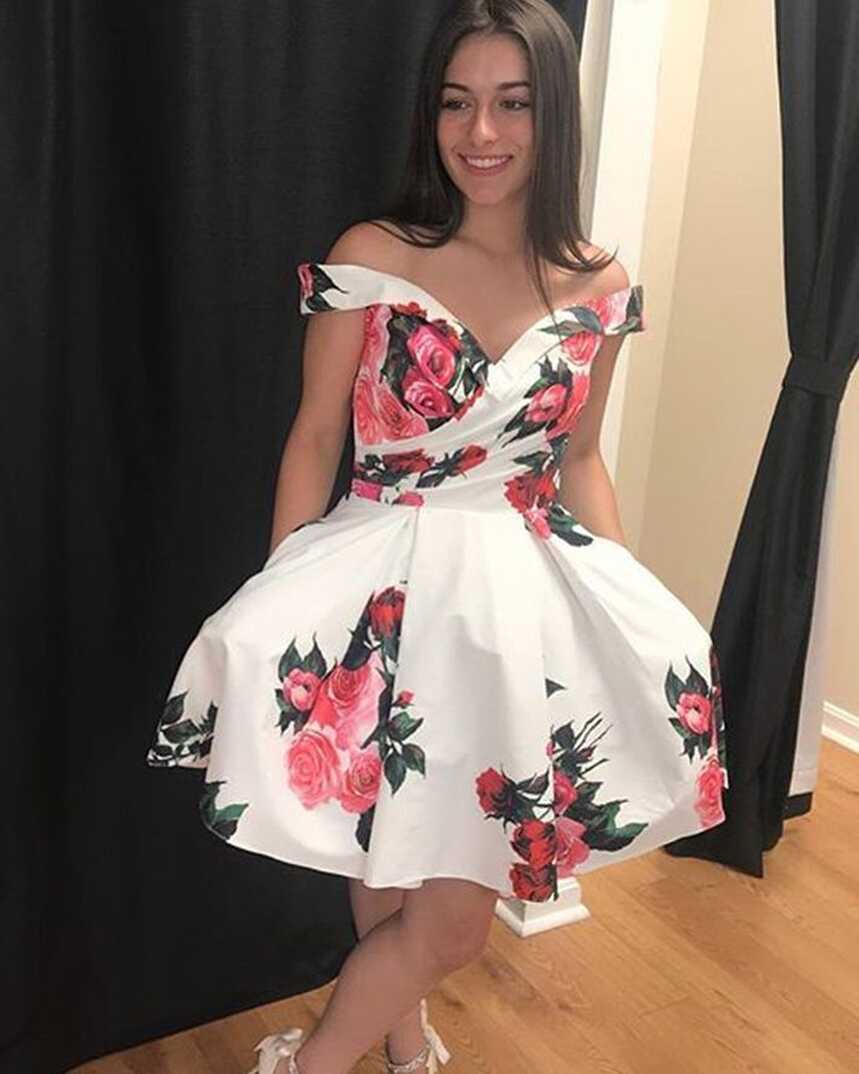 Floral Print Off the Shoulder Homecoming Dress HDQ3435