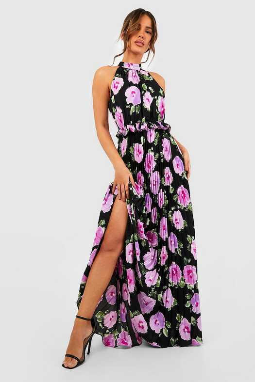 Floral Print Pleated High Neck Maxi Dress