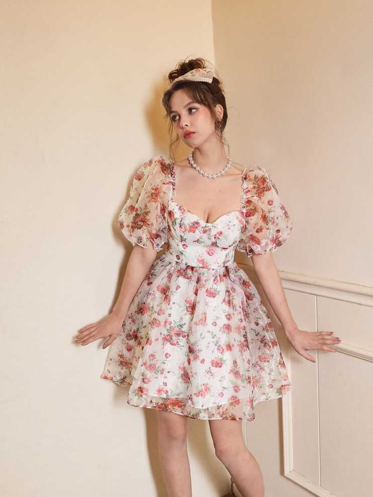 Floral Print Puff Sleeve Organza Dress