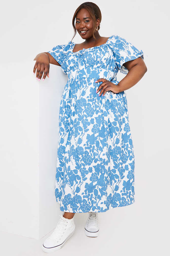 Floral Print Puff Sleeve Sweetheart Midi Dress | In The Style UK