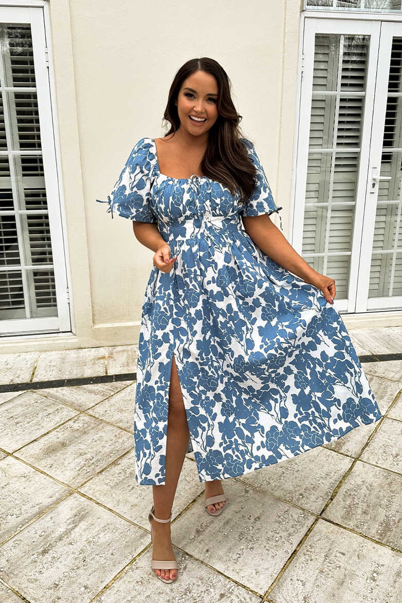 Floral Print Puff Sleeve Sweetheart Midi Dress | In The Style USA