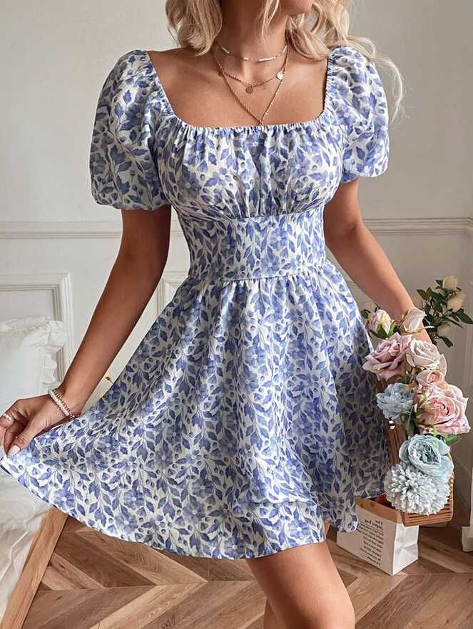 Floral Print Ruched Bust Tie Back Puff Sleeve Dress