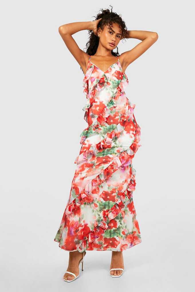 Floral Print Ruffle Detail Maxi Dress | boohoo NZ