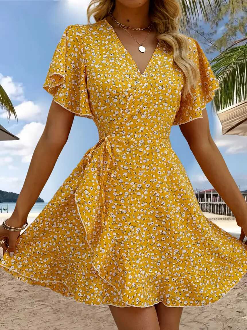 Floral Print Ruffle Hem Wrap Dress Sexy Short Sleeve V neck - Temu ...