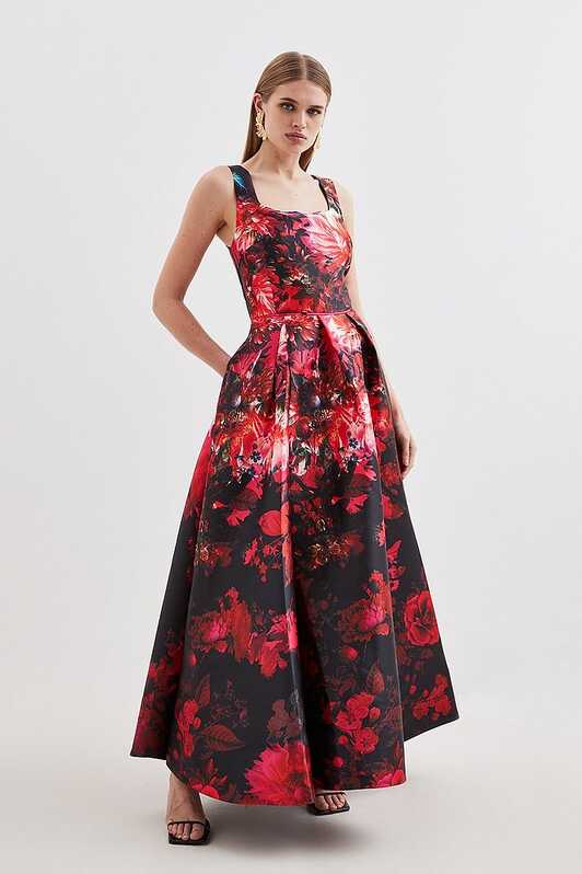 Floral Print Satin Twill Woven Strappy Maxi Prom Dress | Karen Millen