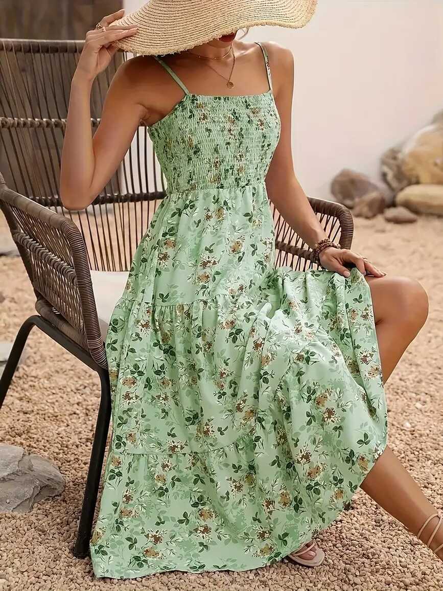 Floral Print Shirred Dress Vacation Spaghetti Strap Summer - Temu ...