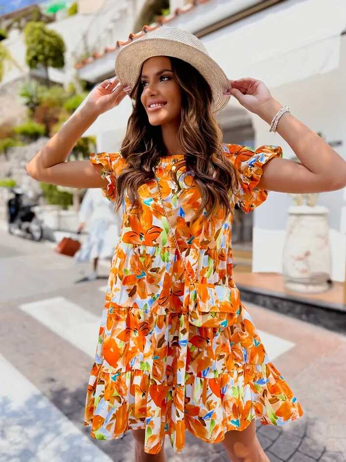 Floral Print Short Sleeve Dress Vacation Crew Neck Casual - Temu