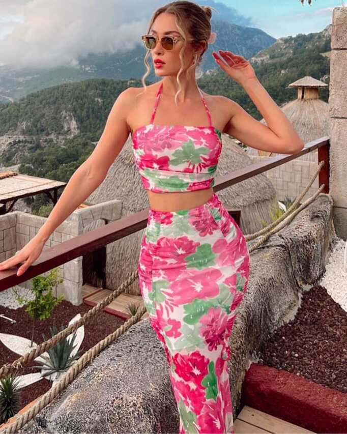 Floral Print Sleeveless High Waist Crop + Skirt Two Piece Set ...