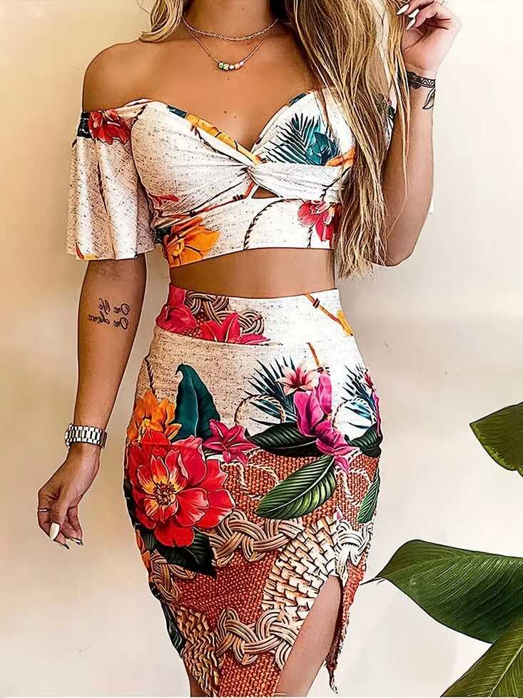 Floral Print Two piece Skirt Set Crop Sweetheart Neck Top - Temu ...