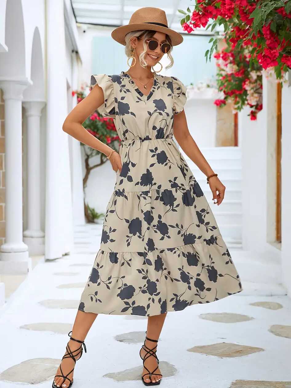 Floral Print V Neck Dress Short Sleeve Casual Dress Summer - Temu