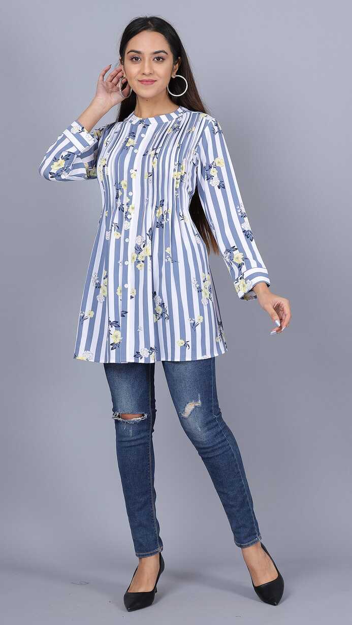 Floral Print With Stripes Long Top - ALOFI - Women Designer Dresses