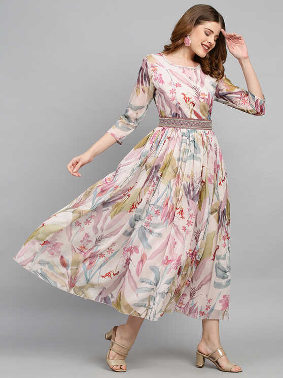 Floral Printed &amp; Hand Embroidered Flared Maxi Dress with Belt ...