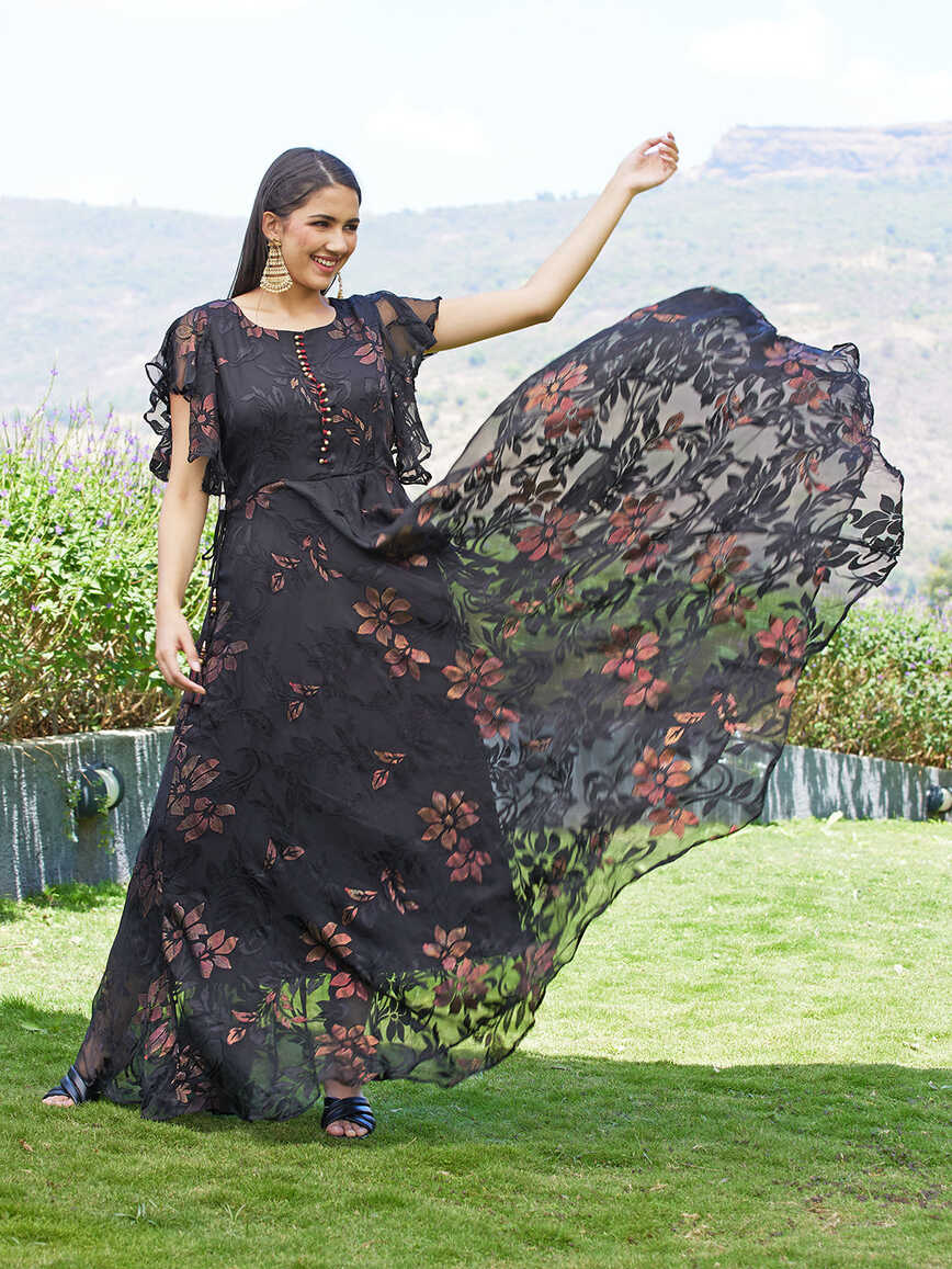 Floral Printed Flared Maxi Dress - Black – FASHOR