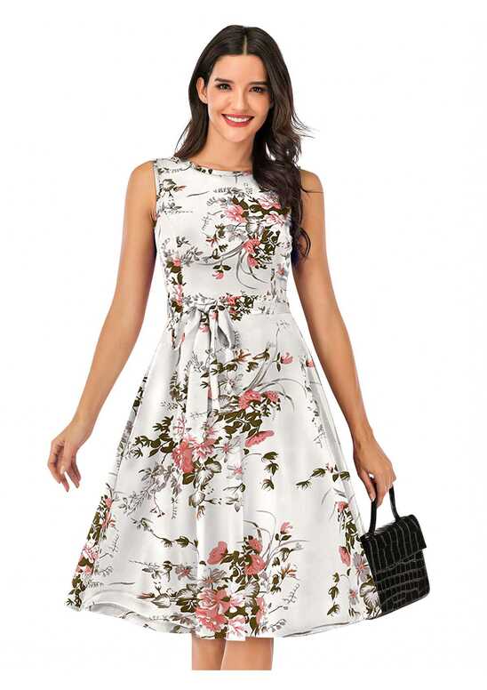 Floral Printed Knee Length White Dress – StreeWays