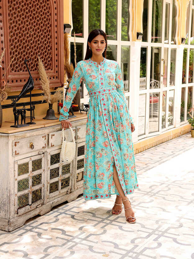 Floral Printed Resham &amp; Zari Embroidered Mul-Cotton Maxi Dress ...