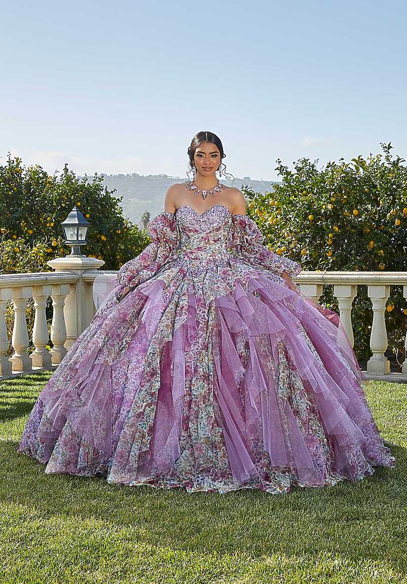 Floral Printed Tulle Quinceañera Dress