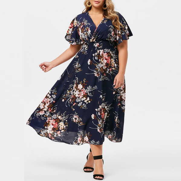 Floral Printed V-Neck Plus Size Casual Dress Algeria | Ubuy