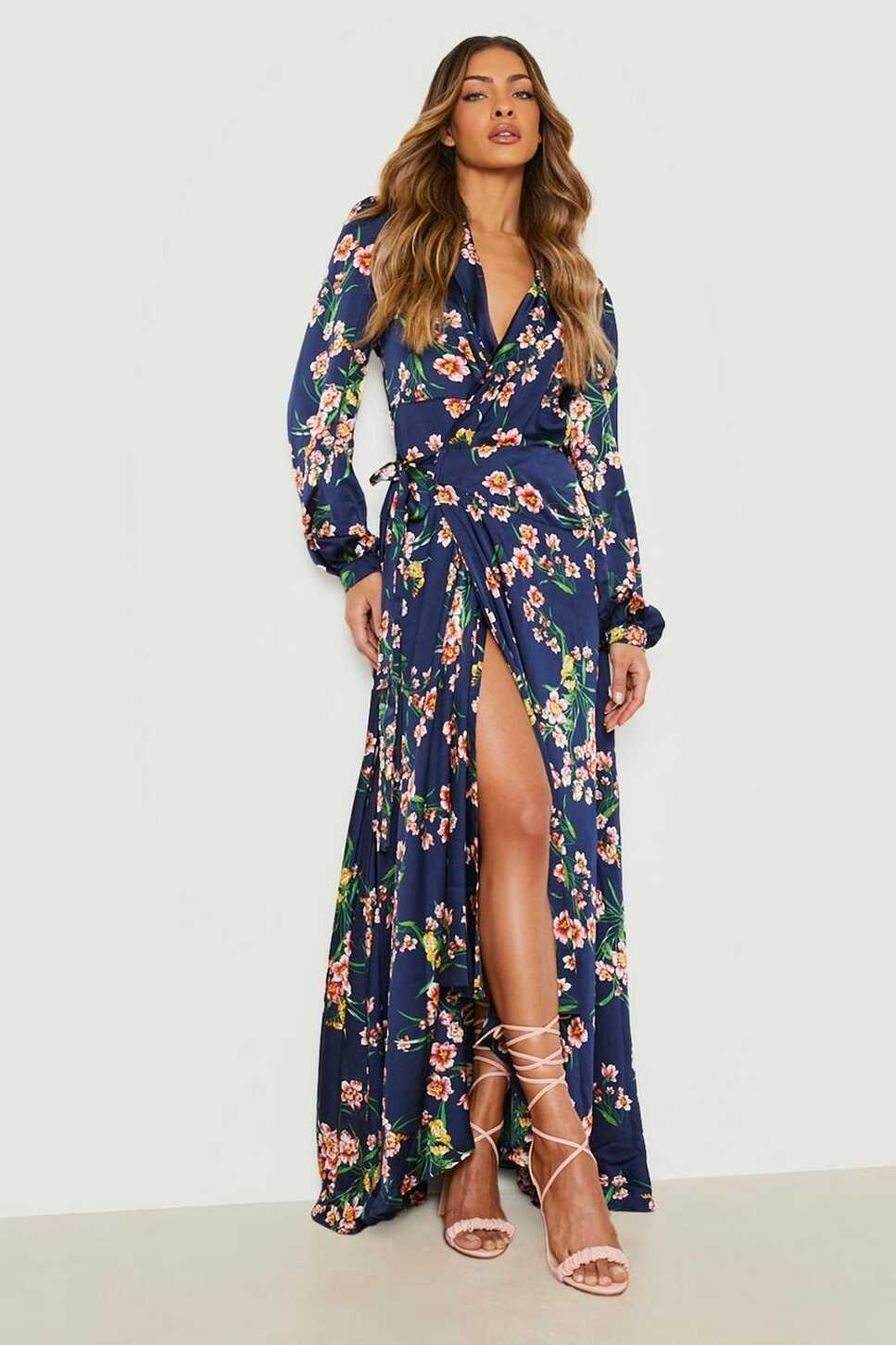 Floral Ruffle Satin Wrap Maxi Dress | boohoo FI