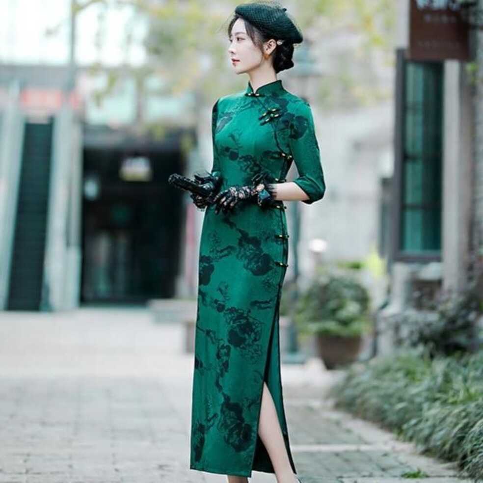 Floral Silk Blend Full Length Cheongsam Mother Dress